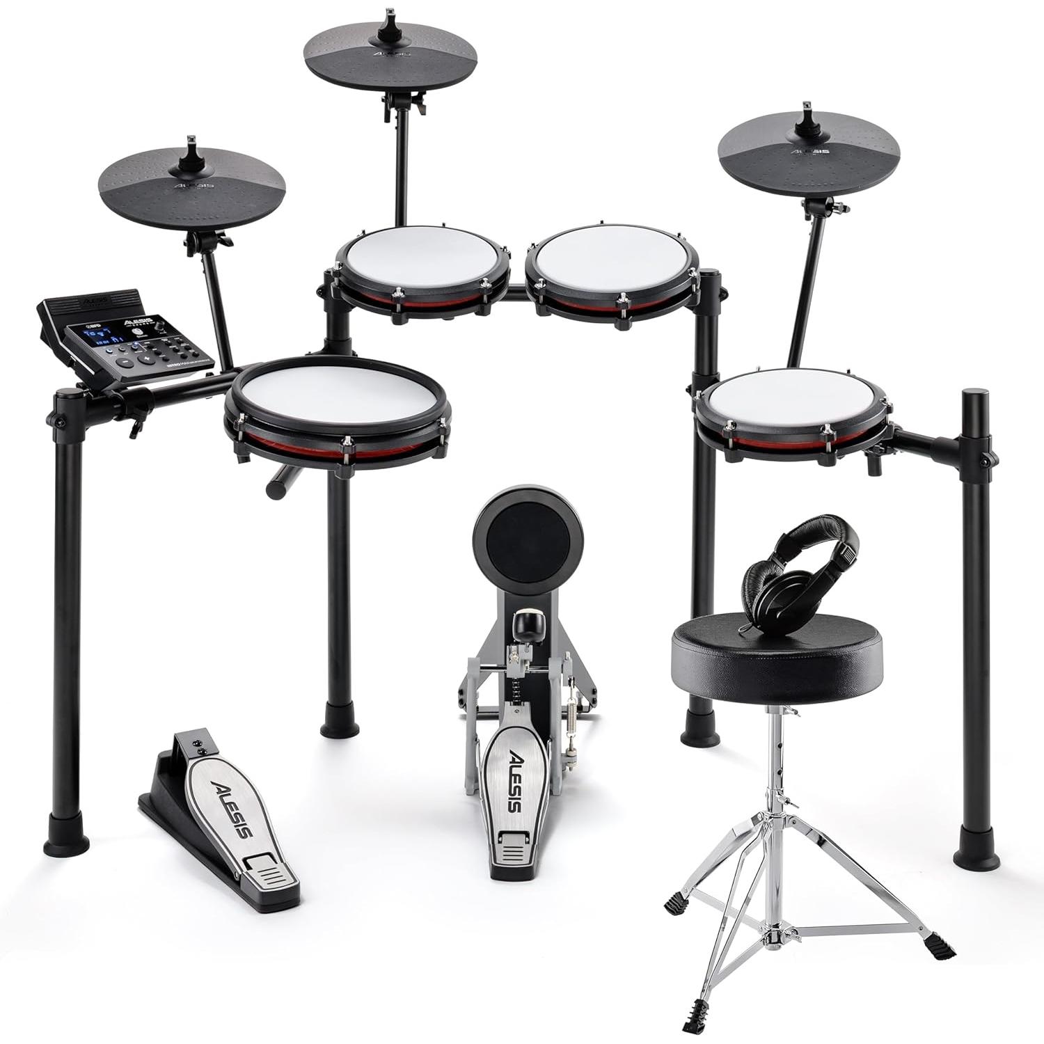 Batteria Elettronica NITROMAX KIT con Pelli Mesh Silenziose, Rullante a Doppia Zona da 10", Pedale Grancassa, Sgabello e Cuffie