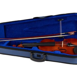 VIOLINO LEONARDO 4/4Set violino 3/4 in legno laminato, vernice in nitrocellulosa, tastiera e piroli in acero verniciato di colore nero e cordiera con tiracantini integrati. Dotato di archetto, pece e custodia.