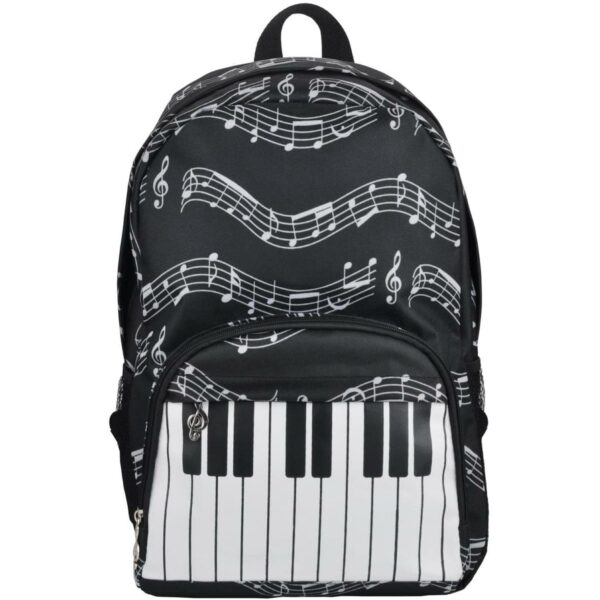 ZAINO CON TEMA MUSICALE Stupendo zaino a tema musicale indispensabile per trasportare libri o quant&apos;altro!Sfondo nero con note e tastiera.Molto capiente, pratico e comodo; facile da trasportare.Articolo costituito da 1 scomparto principale e da tasca frontale, entrambe con chiusura a cerniera.