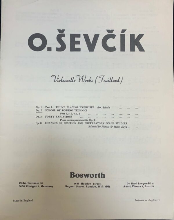 SEVCIK VIOLONCELLO WORKS ( FEUILLARD ) OP.2 PART 3 METODO LIBRO EDIZIONI BOSWORTH