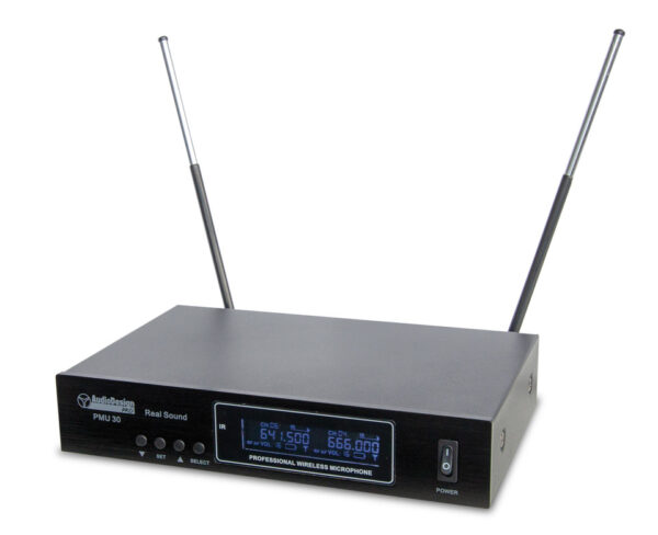 AUDIODESIGN PMU30 SET  2 MICROFONI  WIRELESS UHF A FREQUENZA VARIABILE 100 + 100 CANALI RADIOMICROFO