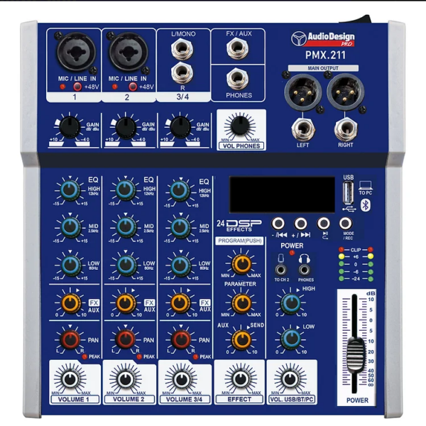 AUDIODESIGN PMX.211 MIXER ANALOGICO 2 CANALI MONO CANALI CON EFFETTI USB BLUETOOTH