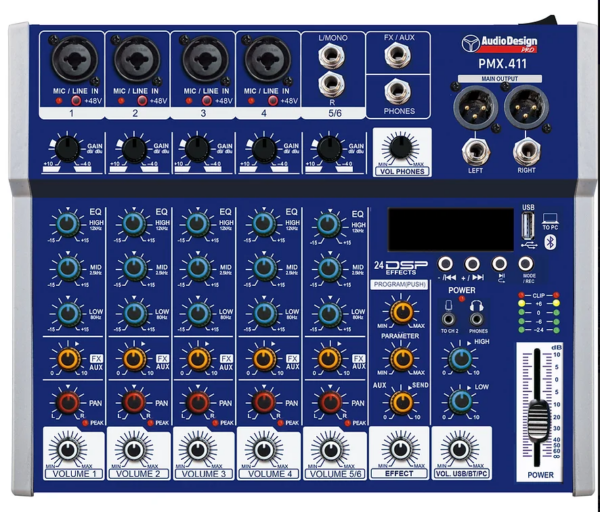 AUDIODESIGN PMX.411 MIXER ANALOGICO 4 CANALI MONO CON EFFETTI USB BLUETOOTH