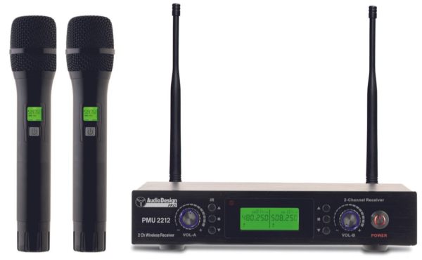 AUDIODESIGN PMU 2212 SISTEMA WIRELESS UHF RADIOMICROFONO DUE CANALI CON 2 PALMARI