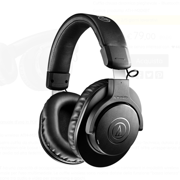 AUDIO TECHNICA ATH-M20XBT CUFFIA CHIUSA PROFESSIONALE WIRELESS BLUETOOTH ATH-M-20-X-BT