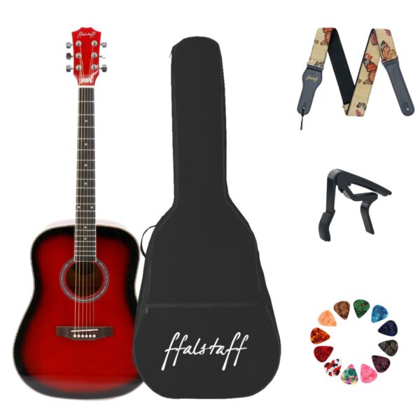 Chitarra Acustica con Top in Abete con Borsa,Tracolla, Capotasto e 10 Plettri (Red Brown)