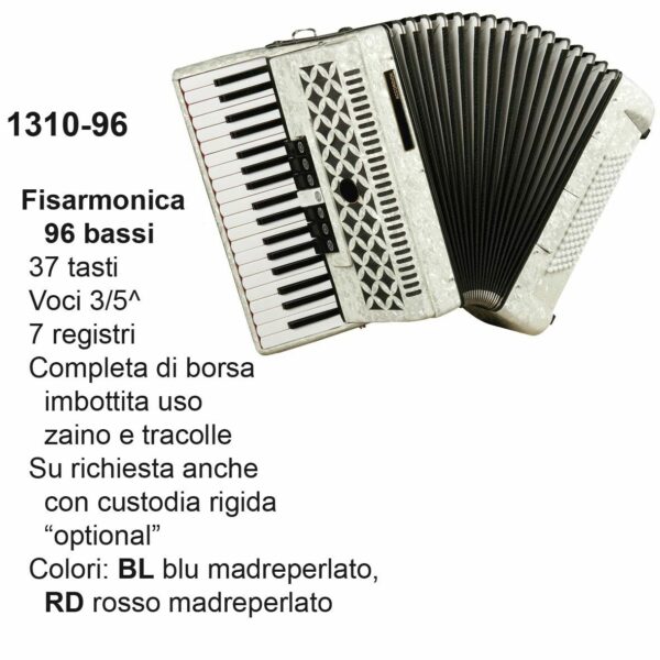 FISARMONICA DAM 96 BASSI 131096RD 37 TASTI VOCI, 3/5 CON E TRACOLLE, Col. Rosso Madreperlato