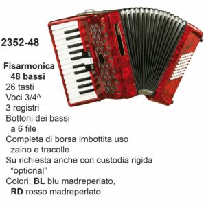 FISARMONICA 48 BASSI235248RD, 26 TASTI VOCI, 3/4 CON E TRACOLLE, Col. Rosso Madreperlato
