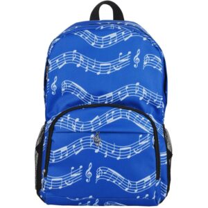 Zaino con pentagrammi (Colore Blu)Sfondo blu con note e tastiera.Molto capiente, pratico e comodo; facile da trasportare.Articolo costituito da 1 scomparto principale e da tasca frontale, entrambe con chiusura a cerniera.