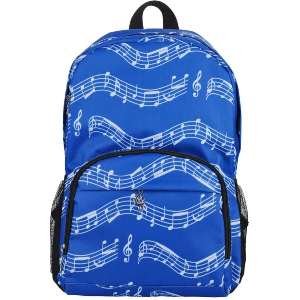 Zaino con pentagrammi (Colore Blu)Sfondo blu con note e tastiera.Molto capiente, pratico e comodo; facile da trasportare.Articolo costituito da 1 scomparto principale e da tasca frontale, entrambe con chiusura a cerniera.