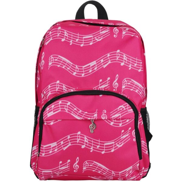 Zaino con pentagrammi (Colore Fucsia)Sfondo fucsia con note e tastiera.Molto capiente, pratico e comodo; facile da trasportare.Articolo costituito da 1 scomparto principale e da tasca frontale, entrambe con chiusura a cerniera.