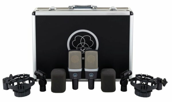 AKG C214 SET 2 MICROFONI STUDIO E LIVE A CONDENSATORE LARGO DIAFRAMMA VOCE E STRUMENTI + SOSPENSIONE A RAGNO + CUSTODIA IN METALLO + ADATTATORE E SUPPORTI