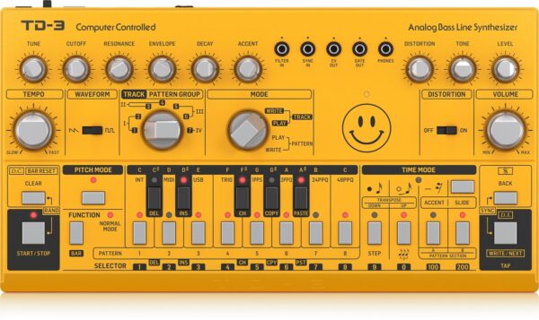 BEHRINGER TD-3 AM GIALLO SINTETIZZATORE ANALOGICO DI BASSI CON STEP SEQUENCER ARPEGGIATORE E FILTRO RISONANTE