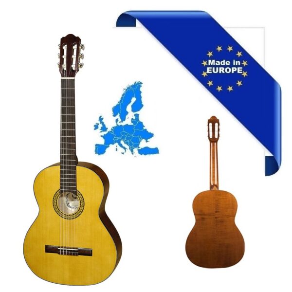 HORA CHITARRA CLASSICA 4/4 MADE IN EUROPE VERSIONE SPAGNOLA DOPPIO MASSELLO TOP ABETE MASSELLO FONDO-FASCE ACERO MASSELLO ROSETTA INTARSIATA MANICO ACERO TASTIERA PALISSANDRO SCALA 650MM