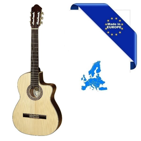 CHITARRA CLASSICA 4/4 SM35 MADE IN EUROPE TOP ABETE ROSSO MASSELLO FONDO-FASCE MOGANO ROSETTA INTARSIATA SPALLA MANCANTE MANICO ACERO TASTIERA PALISSANDRO SCALA 650MM
