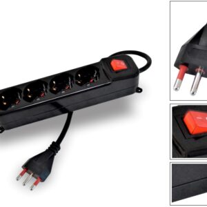CIABATTA MULTIPRESA TRIVALENTE 4 PRESE 10A 16A SCHUKO USCITE 2P+T INTERRUTTORE LUMINOSO CAVO CORRENTE 1.5MT 3X1.5MM2