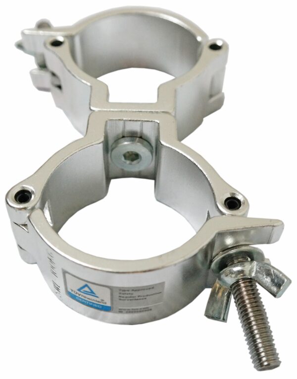 EXTREME CLAMP-OO DOPPIO ACCOPPIATORE CERTIFICATO TUV GERMANIA CARICO 100KG PER AGGANCIO TRUSS FARI ALISCAF A CONCHIGLIA SU AMERICANA DA 48 A 51 MM IN ALLUMINIO