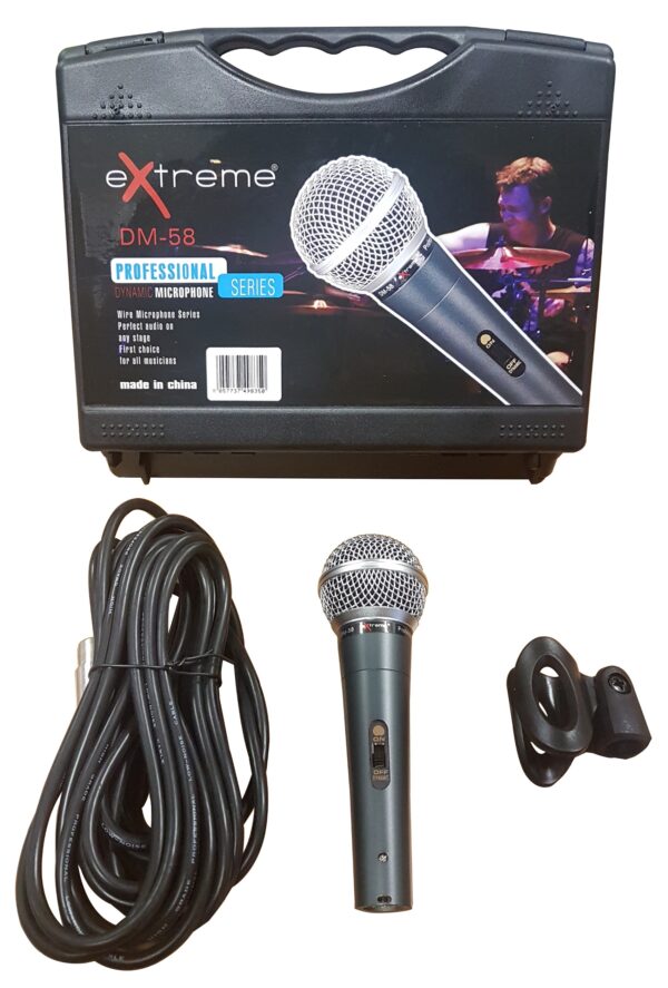 EXTREME DM58 MICROFONO DINAMICO VOCE CANTO KARAOKE + CLAMP + CAVO + CUSTODIA RIGIDA BUNDLE