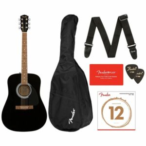 FENDER FA115 DREADNOUGHT PACK BLACK KIT CON CHITARRA ACUSTICA NERA BORSA TRACOLLA PLETTRI E LEZIONI ONLINE