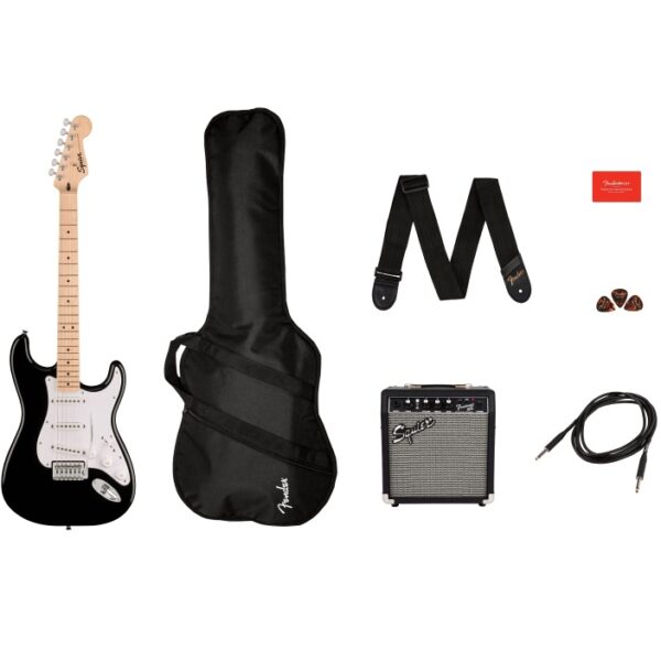 FENDER SQUIER SONIC STRATOCASTER SSS BLACK PACK CON CHITARRA ELETTRICA AMPLIFICATORE BORSA ED ACCESSORI