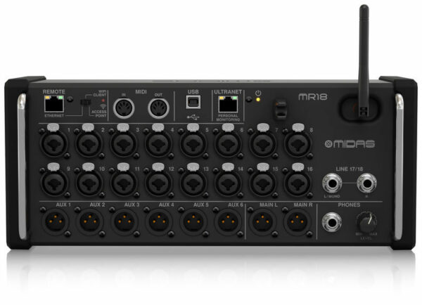 MIDAS MR18 MIXER DIGITALE 18 INPUT + 16 INGRESSI MIC + ROUTER WI-FI + INTERFACCIA AUDIO USB INTEGRATA + 4 PROCESSORI DI SEGNALE + PROCESSING 40 BIT + MIDI COMPATIBILE CON IOS ANDROID PC MAC