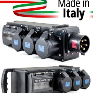 POWER-BOX INGRESSO SPINA 32A 5P 3P+N+T SPIE RETE ROSSE USCITE 3 PRESE CEE 16A 3P P+N+T LED VERDI PROTEZIONE 3 RCBO 32A 1P+N C 30MA AC