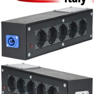 POWER-BOX NERO CIABATTA ALIMENTAZIONE PALCO MADE IN ITALY SPIA RETE INGRESSO NEUTRIK POWERCON BLU 16A 3P POWER-IN USCITE 5 SCHUKO LOOP 20A POWER-OUT GREY
