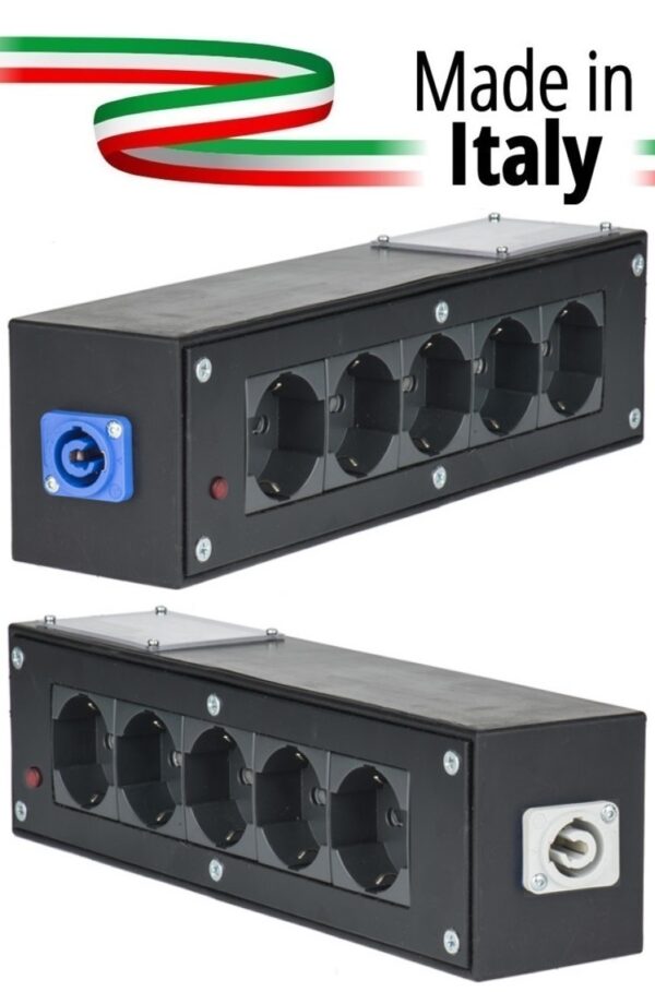 POWER-BOX NERO CIABATTA ALIMENTAZIONE PALCO MADE IN ITALY SPIA RETE INGRESSO NEUTRIK POWERCON BLU 16A 3P POWER-IN USCITE 5 SCHUKO LOOP 20A POWER-OUT GREY