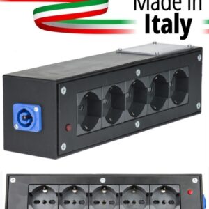 POWER-BOX NERO CIABATTA ALIMENTAZIONE PALCO MADE IN ITALY SPIA RETE INGRESSO NEUTRIK POWERCON BLU 20A 3P POWER-IN USCITE 5 SCHUKO