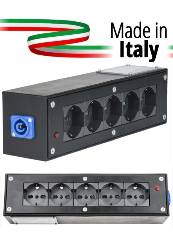 POWER-BOX NERO CIABATTA ALIMENTAZIONE PALCO MADE IN ITALY SPIA RETE INGRESSO NEUTRIK POWERCON BLU 20A 3P POWER-IN USCITE 5 SCHUKO