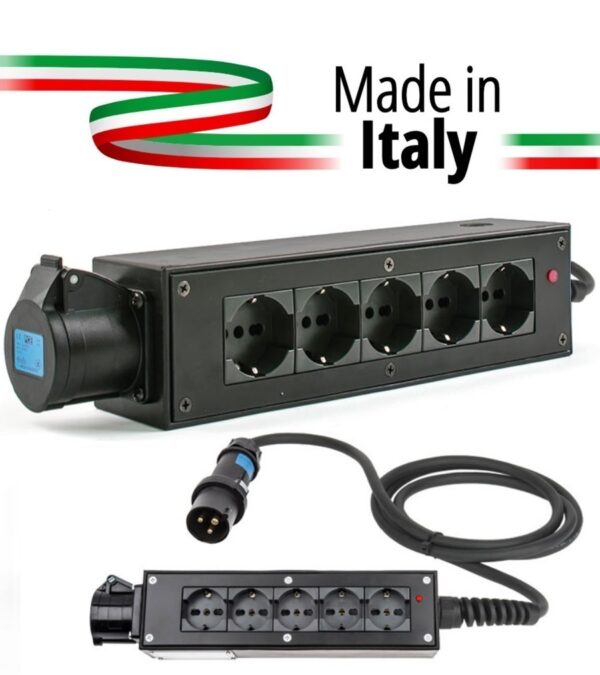 POWERBOX NERO CIABATTA ALIMENTAZIONE PALCO MADE IN ITALY SPIA RETE INGRESSO SPINA VOLANTE 16A 3P 5-USCITE SHUKO E PRESA LOOP OUT 16A