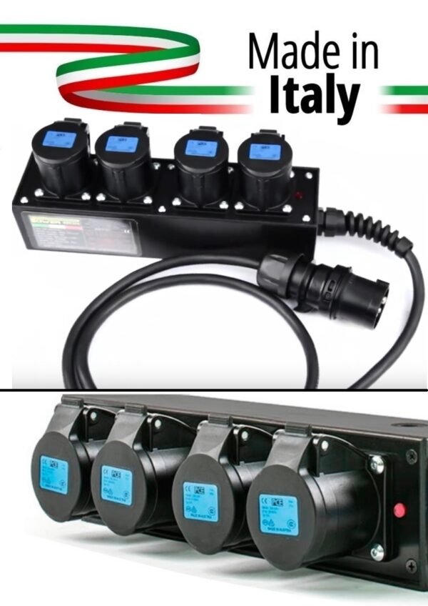 POWERBOX NERO CIABATTA ALIMENTAZIONE PALCO MADE IN ITALY SPIA RETE INGRESSO SPINA VOLANTE 16A 3P+N+T USCITE 4 X 16A