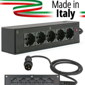 POWERBOX NERO CIABATTA ALIMENTAZIONE PALCO MADE IN ITALY SPIA RETE INGRESSO SPINA VOLANTE PCE 16A 3P+N+T USCITE 5 X SCHUKO 16A 3P IP2X