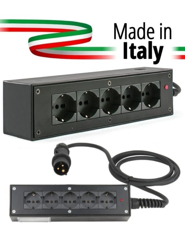 POWERBOX NERO CIABATTA ALIMENTAZIONE PALCO MADE IN ITALY SPIA RETE INGRESSO SPINA VOLANTE PCE 16A 3P+N+T USCITE 5 X SCHUKO 16A 3P IP2X
