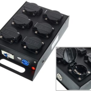 POWER-BOX NERO CIABATTA ALIMENTAZIONE PALCO POWERCON INGRESSO IN BLU PROTEZIONE USCITE 6 SCHUKO OUT POWER-OUT GRIGIO SPIA RETE
