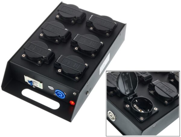 POWER-BOX NERO CIABATTA ALIMENTAZIONE PALCO POWERCON INGRESSO IN BLU PROTEZIONE USCITE 6 SCHUKO OUT POWER-OUT GRIGIO SPIA RETE