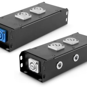 POWER-BOX NERO CIABATTA ALIMENTAZIONE PALCO POWERCON INGRESSO POWER TWIST IN BLU USCITE 2 20AMP POWER TWIST OUT GRIGIO LOOP 20A POWER-OUT GREY