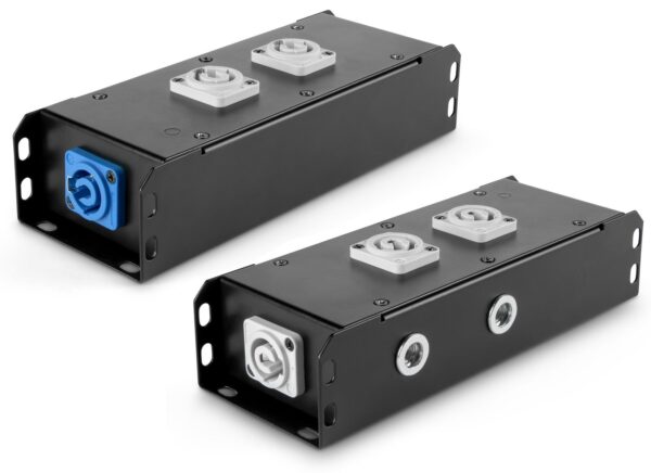 POWER-BOX NERO CIABATTA ALIMENTAZIONE PALCO POWERCON INGRESSO POWER TWIST IN BLU USCITE 2 20AMP POWER TWIST OUT GRIGIO LOOP 20A POWER-OUT GREY