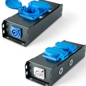 POWER-BOX NERO CIABATTA ALIMENTAZIONE PALCO POWERCON INGRESSO POWER TWIST IN BLU USCITE 2 SCHUKO OUT LOOP 20A POWER-OUT GRIGIO