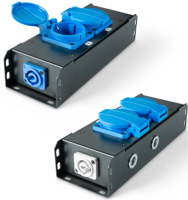 POWER-BOX NERO CIABATTA ALIMENTAZIONE PALCO POWERCON INGRESSO POWER TWIST IN BLU USCITE 2 SCHUKO OUT LOOP 20A POWER-OUT GRIGIO