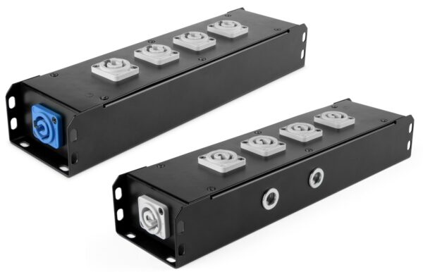POWER-BOX NERO CIABATTA ALIMENTAZIONE PALCO POWERCON INGRESSO POWER TWIST IN BLU USCITE 4 20AMP POWER TWIST OUT GRIGIO LOOP 20A POWER-OUT GREY