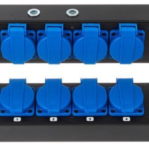 POWER-BOX NERO CIABATTA ALIMENTAZIONE PALCO POWERCON INGRESSO POWER TWIST IN BLU USCITE 4 SCHUKO OUT LOOP 20A POWER-OUT GRIGIO