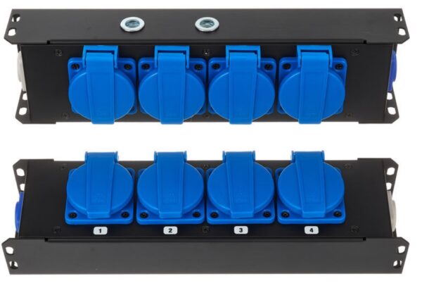 POWER-BOX NERO CIABATTA ALIMENTAZIONE PALCO POWERCON INGRESSO POWER TWIST IN BLU USCITE 4 SCHUKO OUT LOOP 20A POWER-OUT GRIGIO