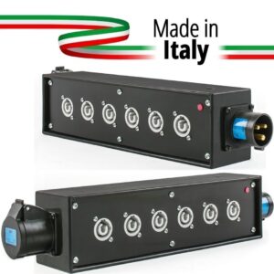 POWER-BOX NERO CIABATTA ALIMENTAZIONE PALCO POWERCON MADE IN ITALY SPIA RETE INGRESSO 16A 3P USCITE 6 20AMP POWER-OUT GREY 16A LOOP OUT