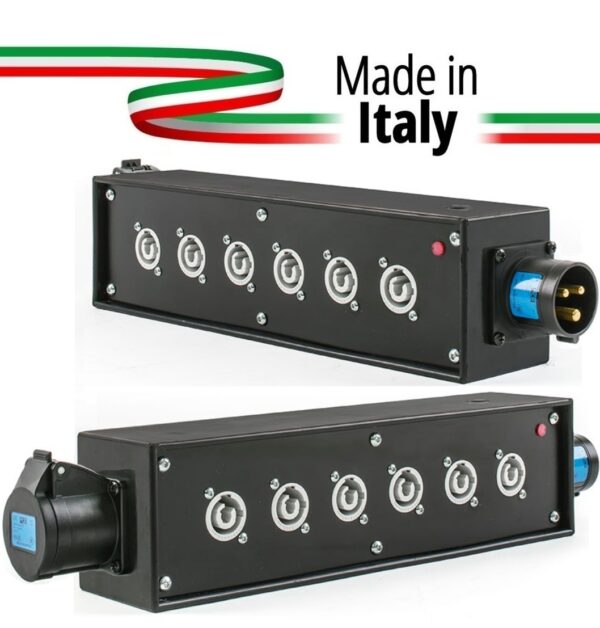 POWER-BOX NERO CIABATTA ALIMENTAZIONE PALCO POWERCON MADE IN ITALY SPIA RETE INGRESSO 16A 3P USCITE 6 20AMP POWER-OUT GREY 16A LOOP OUT