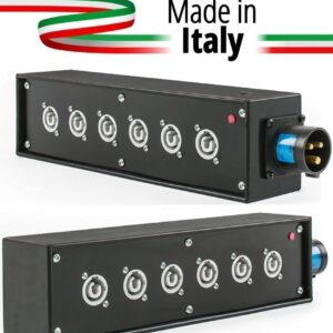 POWER-BOX NERO CIABATTA ALIMENTAZIONE PALCO POWERCON MADE IN ITALY SPIA RETE INGRESSO 16A 3P USCITE 6 20AMP POWER-OUT GREY