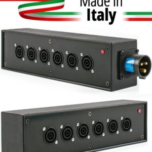 POWER-BOX NERO CIABATTA ALIMENTAZIONE PALCO POWERCON MADE IN ITALY SPIA RETE INGRESSO 16A 3P USCITE 6 POWERCON TRUE1 16A