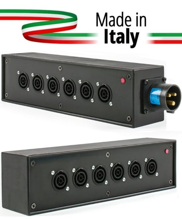 POWER-BOX NERO CIABATTA ALIMENTAZIONE PALCO POWERCON MADE IN ITALY SPIA RETE INGRESSO 16A 3P USCITE 6 POWERCON TRUE1 16A