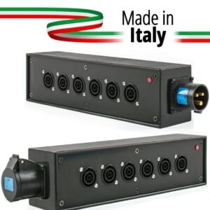POWER-BOX NERO CIABATTA ALIMENTAZIONE PALCO POWERCON MADE IN ITALY SPIA RETE INGRESSO 16A 3P USCITE 6 POWERCON TRUE1 16A LOOP 16A 3P
