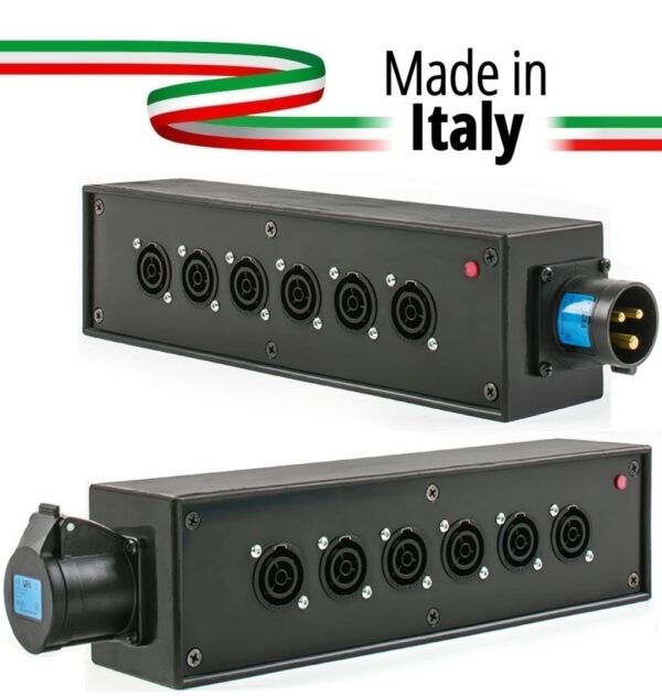 POWER-BOX NERO CIABATTA ALIMENTAZIONE PALCO POWERCON MADE IN ITALY SPIA RETE INGRESSO 16A 3P USCITE 6 POWERCON TRUE1 16A LOOP 16A 3P
